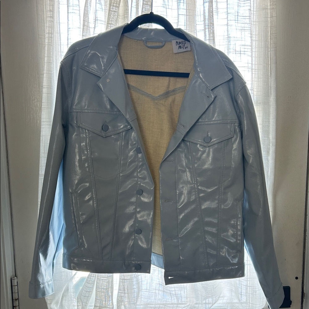 Princess Polly Shiny Light Blue Leather Jacket